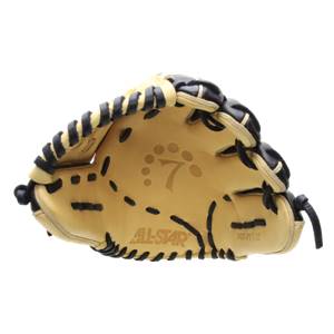 Side view of a tan baseball glove with black lacing and ALL-STAR branding.