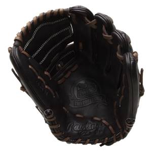 Interior view of a black Rawlings Pro Preferred baseball glove with brown lacing and embossed logos.
