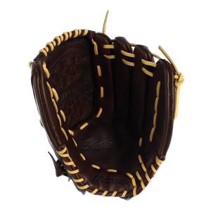 Top-down view of a brown softball glove with yellow stitching and Franchise and Mizuno branding.