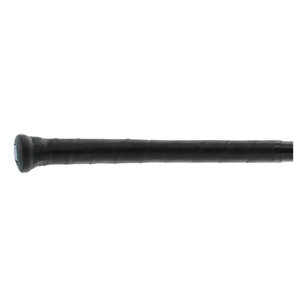Close-up of a black baseball bat grip with a textured surface and a blue end cap.