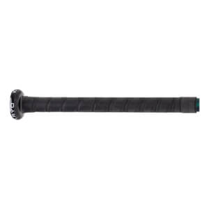 Close-up horizontal view of the black textured handle and knob, featuring the word Kryo on the knob and embossed Louisville Slugger branding across the grip tape.