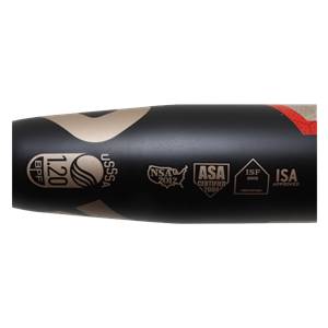 Side view of a black fastpitch softball bat with BPF 1.20, USSSA, NSA 2012, ASA Certified 2004, and ISF Approved logos.