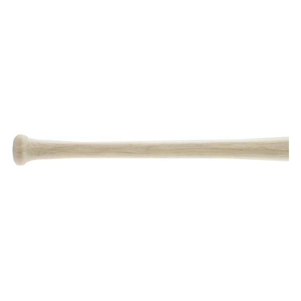 Side view of a light wood baseball bat with a rounded knob and tapered barrel.