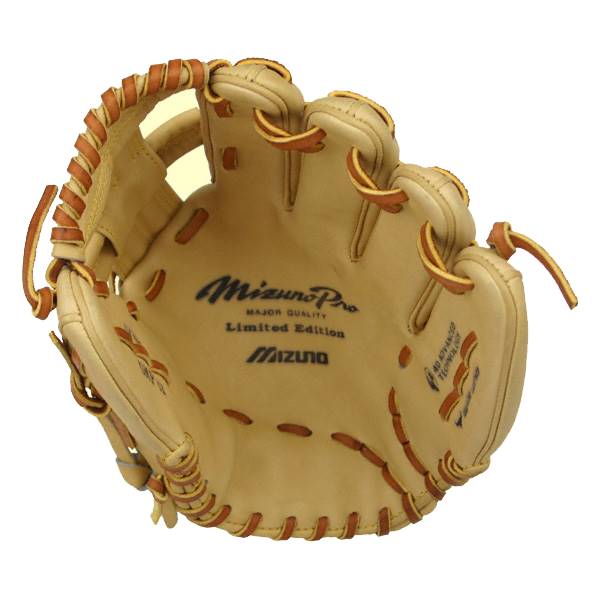 Inside view of a tan Mizuno Pro baseball glove with Limited Edition and Mizuno branding.