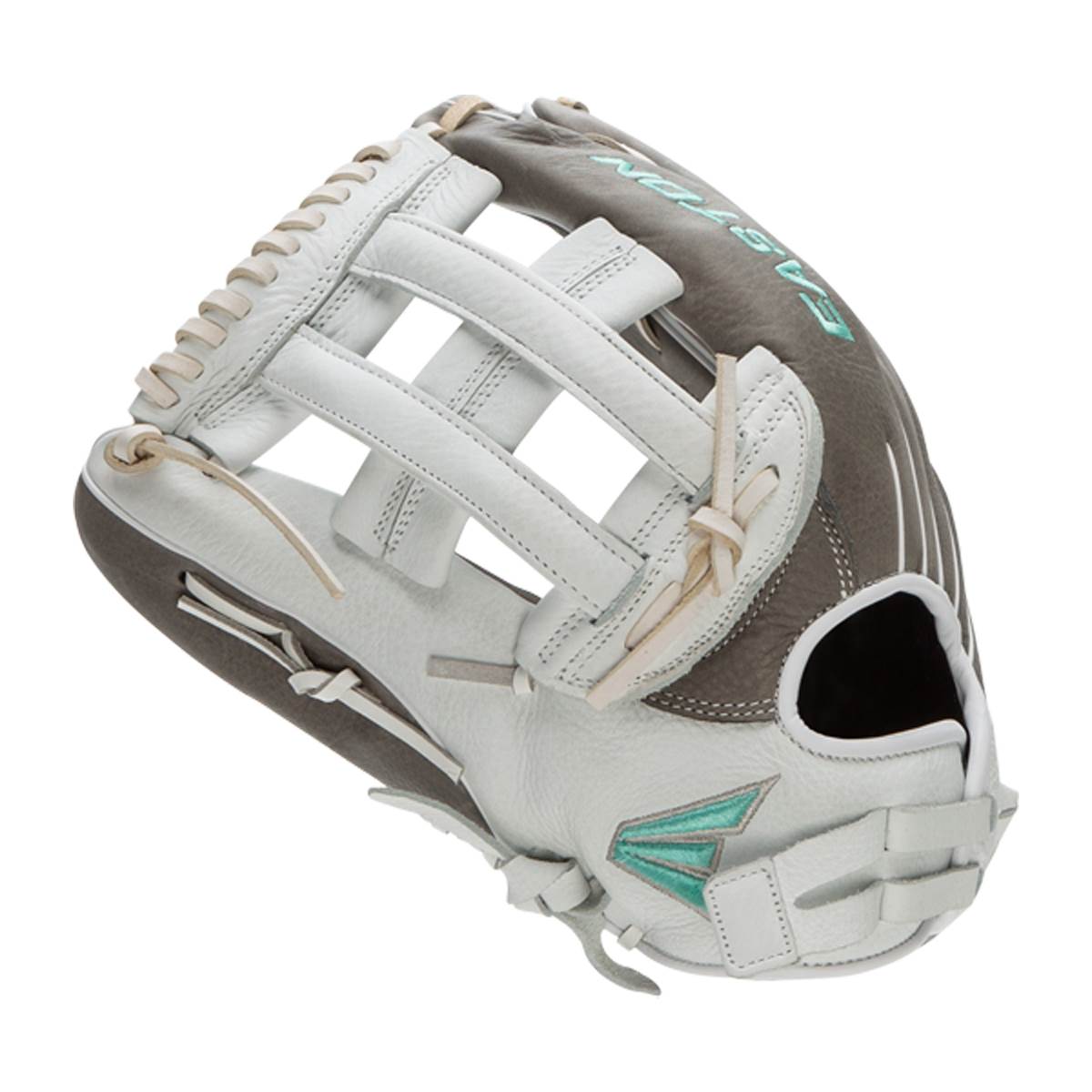 Angled view of a white and gray fastpitch softball glove with an open web, teal Easton logo, and EASTON text.