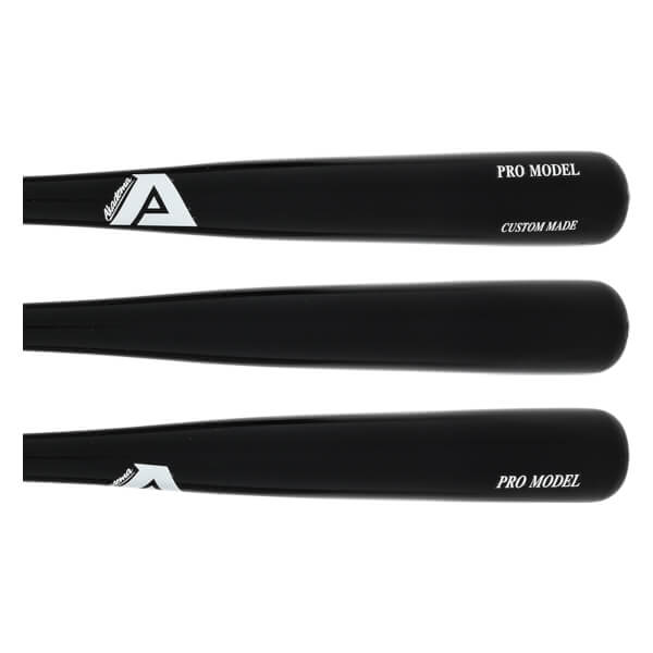 Top-down view of three black baseball bats with white Akadema logos and PRO MODEL text.