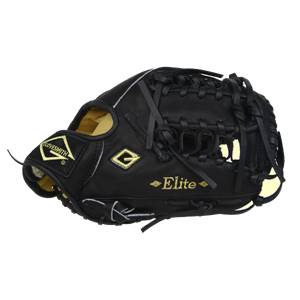Side view of a black baseball glove with gold G logo and Elite text.