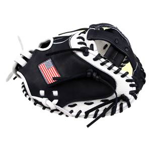 Top-down view of a black and white catchers mitt with an American flag patch and white lacing.