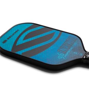 Side view of a blue pickleball paddle with Selkirk branding and Invikta text.