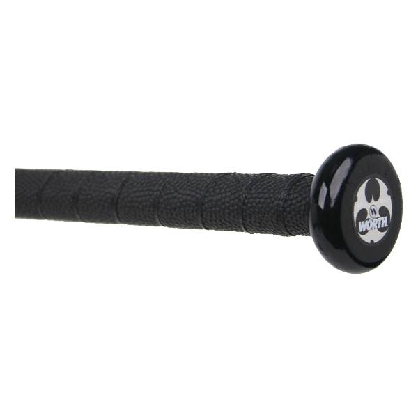 Side view of a black softball bat with a textured grip and the Worth logo on the knob.