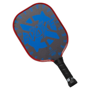 Top-down view of a red and gray pickleball paddle with blue EVOKE graphic and black grip.