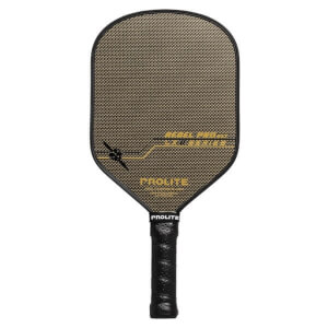 Front view of a black and gold pickleball paddle with PROLITE and REBEL PRO XLT text.