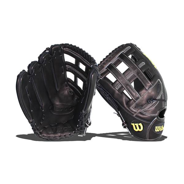 Two black baseball gloves with white stitching, one showing the palm and the other the back with a W logo.