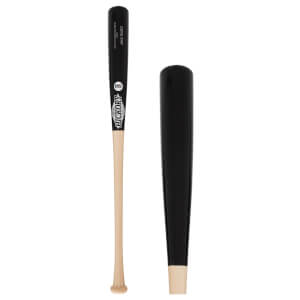 Side view of a black and natural wood baseball bat with HICKORY and MIKE TROUT branding.