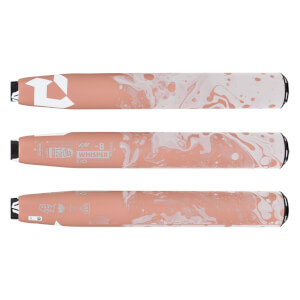 Multiple side views of a peachy-pink fastpitch softball bat with white marbled pattern, a white D logo, and Whisper -8 text.