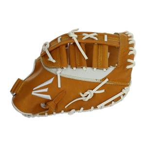 Front view of a tan baseball glove with white lacing and an Easton logo.