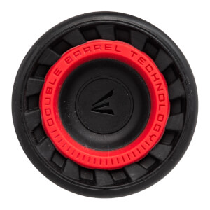 Top-down view of a black softball bat end cap with red DOUBLE BARREL TECHNOLOGY text and an Easton logo.