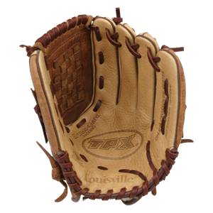 Top-down view of a tan Louisville Slugger Omaha Crossover Series youth baseball glove with TPX branding and Bruise-Guard padding.