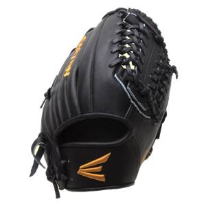 Top-down view of a black baseball glove with yellow Easton branding and a woven pocket.