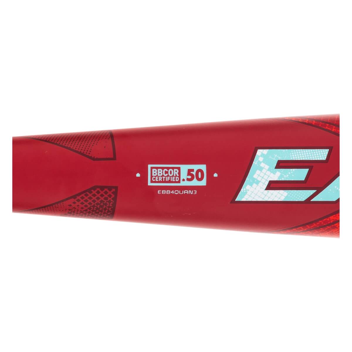 Side view of a red baseball bat with BBCOR certified .50 marking and a large E logo.