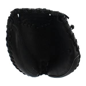 Top-down view of a black catchers mitt with detailed lacing and a smooth leather interior.