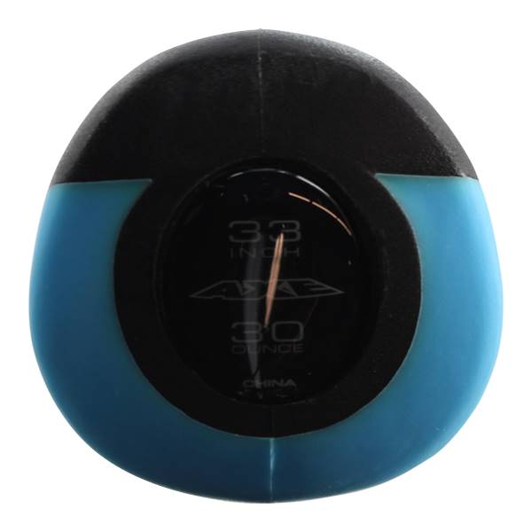 End cap view of a blue and black baseball bat with 33 INCH and 30 OUNCE text.