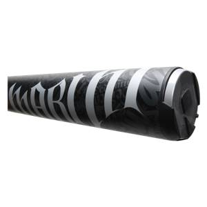Side view of a black slow pitch softball bat with white Juggernaut lettering and a silver end cap.