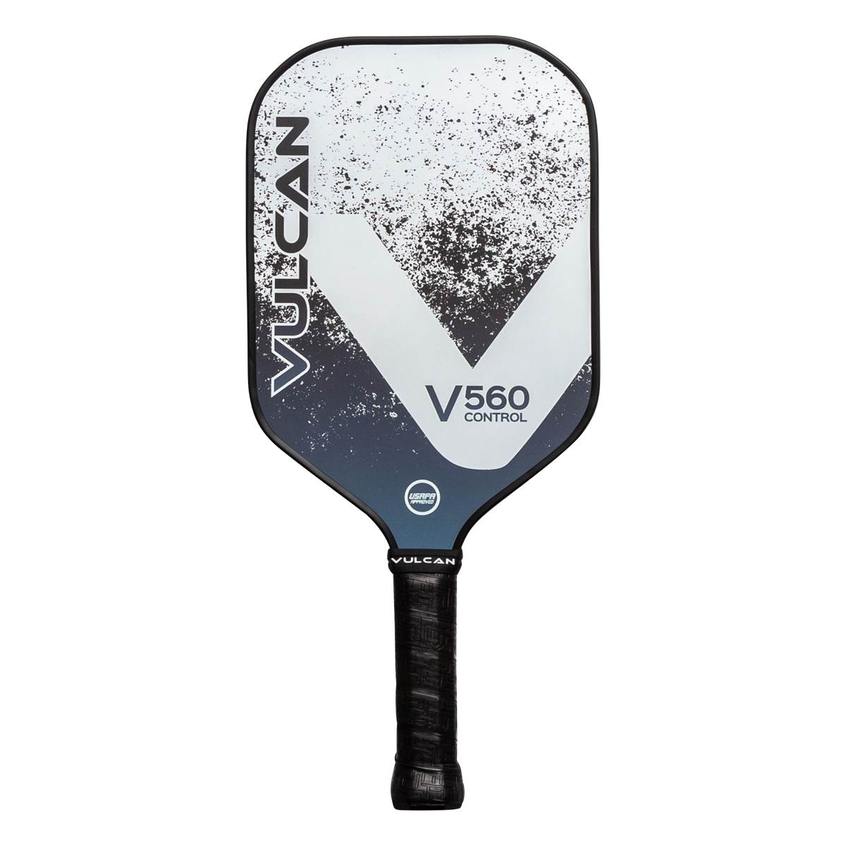Front view of a black and white pickleball paddle with Vulcan branding and V560 Control text.