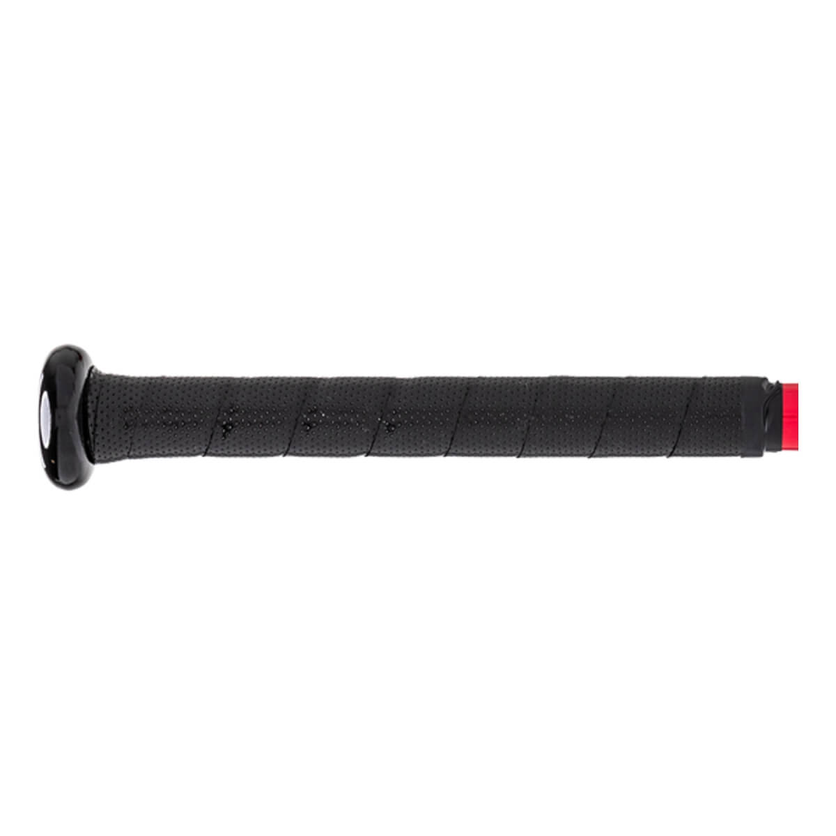 Side view of a black tee ball bat with a perforated grip and red end cap.