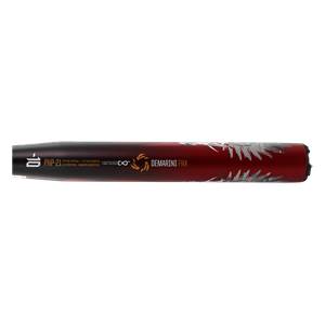 Side view of a red and black DeMarini FNX fastpitch softball bat with white feather graphics and PHP-21 text.