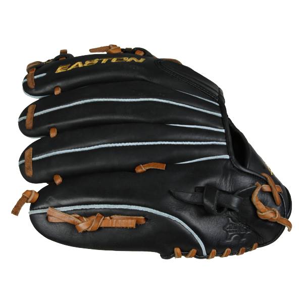 Top-down view of a black Easton baseball glove with gold lettering and tan lacing.