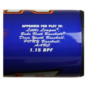 Close-up of a blue baseball bat with text listing approved leagues and 1.15 BPF.