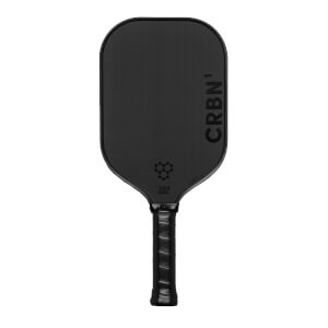 Front view of a black pickleball paddle with CRBN¹ branding and a textured grip.