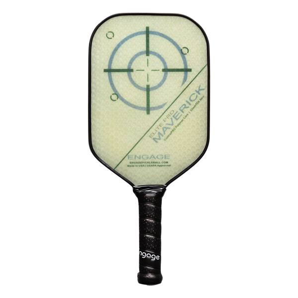 Front view of a light green pickleball paddle with a target design, Maverick text, and black grip.