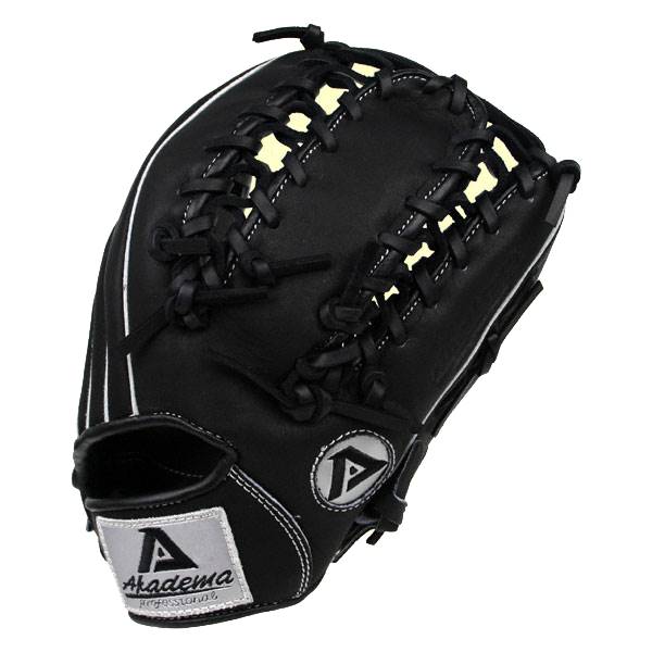 Top-down view of a black baseball glove with white stitching and a silver Akadema Professional logo.