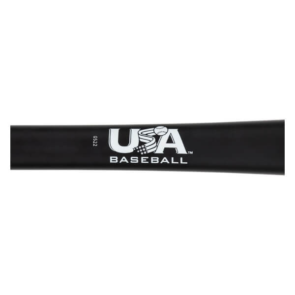 Close-up of a black baseball bat with a white USA Baseball logo and 0522 printed vertically.