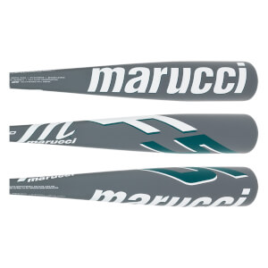 Three views of a gray Marucci baseball bat with white and teal accents.