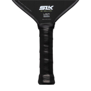 Top-down view of a black pickleball paddle with SLK logo, USA Pickleball Approved, and Selkirk.com.