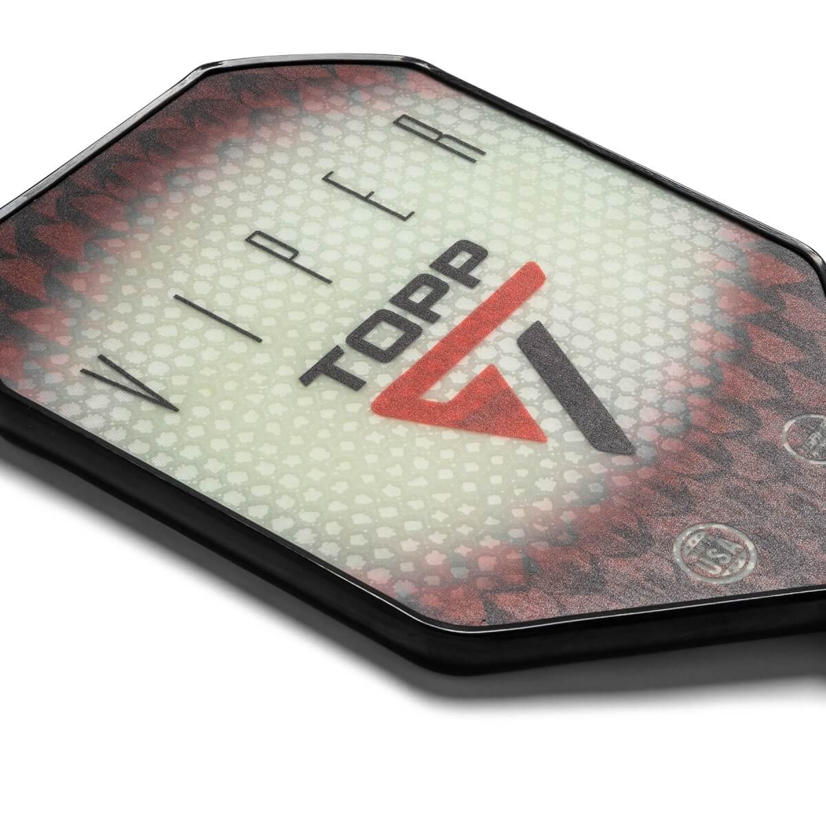 Top-down view of a white pickleball paddle with red and black Viper and TOPP branding.