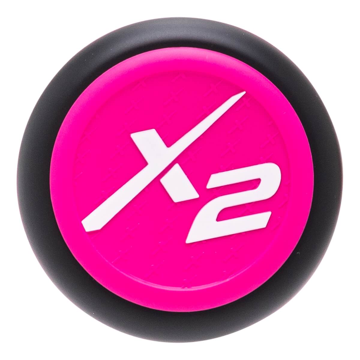 Top-down view of the bat knob featuring a vibrant pink center with a textured pattern and a white "X2" logo, surrounded by a thick black ring.
