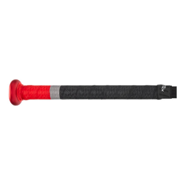 Side view of a baseball bat handle with a red knob, red textured grip, and black textured grip separated by a silver band.