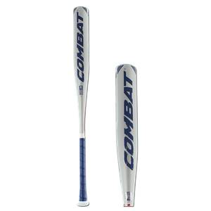 Side view of a white baseball bat with blue COMBAT branding and a blue grip.