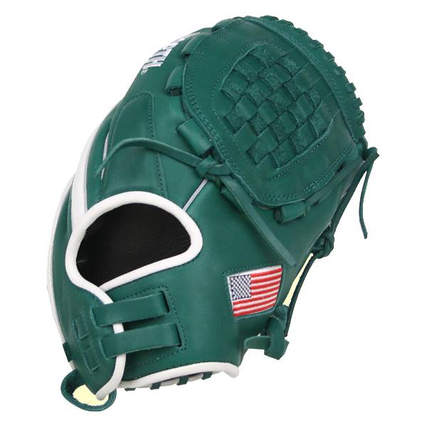 Side view of a green baseball glove with a woven pocket and American flag patch.