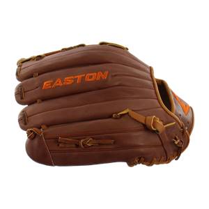 Side view of a brown baseball glove with orange EASTON text and an orange embroidered logo.