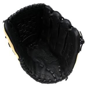 Top-down view of a black baseball glove with tan lining and Easton text.
