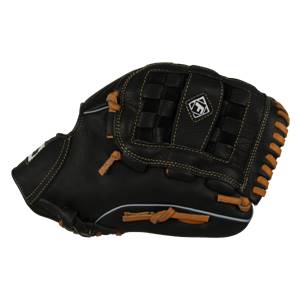 Side view of a black baseball glove with tan lacing and a white Franklin logo.