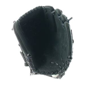 Inside view of a black baseball glove with Nokona branding and stitched lacing.