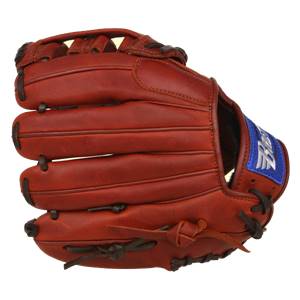 Side view of a brown baseball glove with a blue patch and white logo.