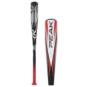 Front view of a black baseball bat with red grip, white PEAK lettering, and Rawlings logo.