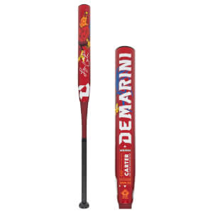 Side-by-side view of a red softball bat, showing full length with parrot graphic and barrel close-up with DeMarini text.